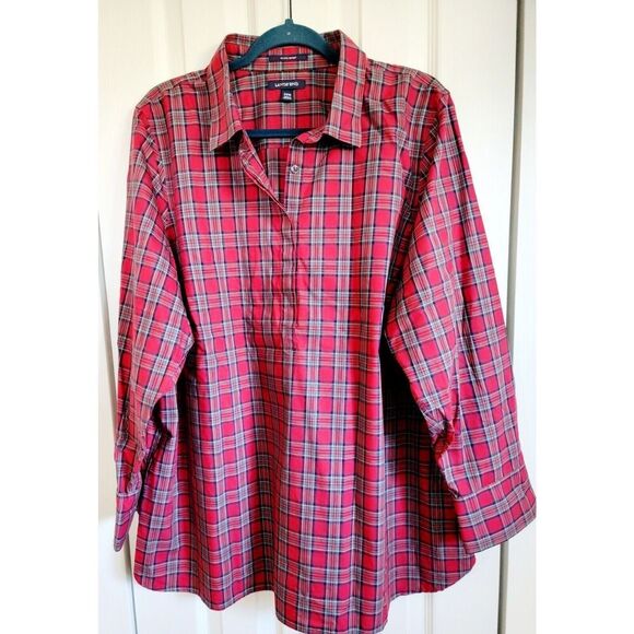 Lands’ End 22W Women’s Red Plaid‎ Long Sleeve Tunic Top Supima Cotton LS - Picture 1 of 6